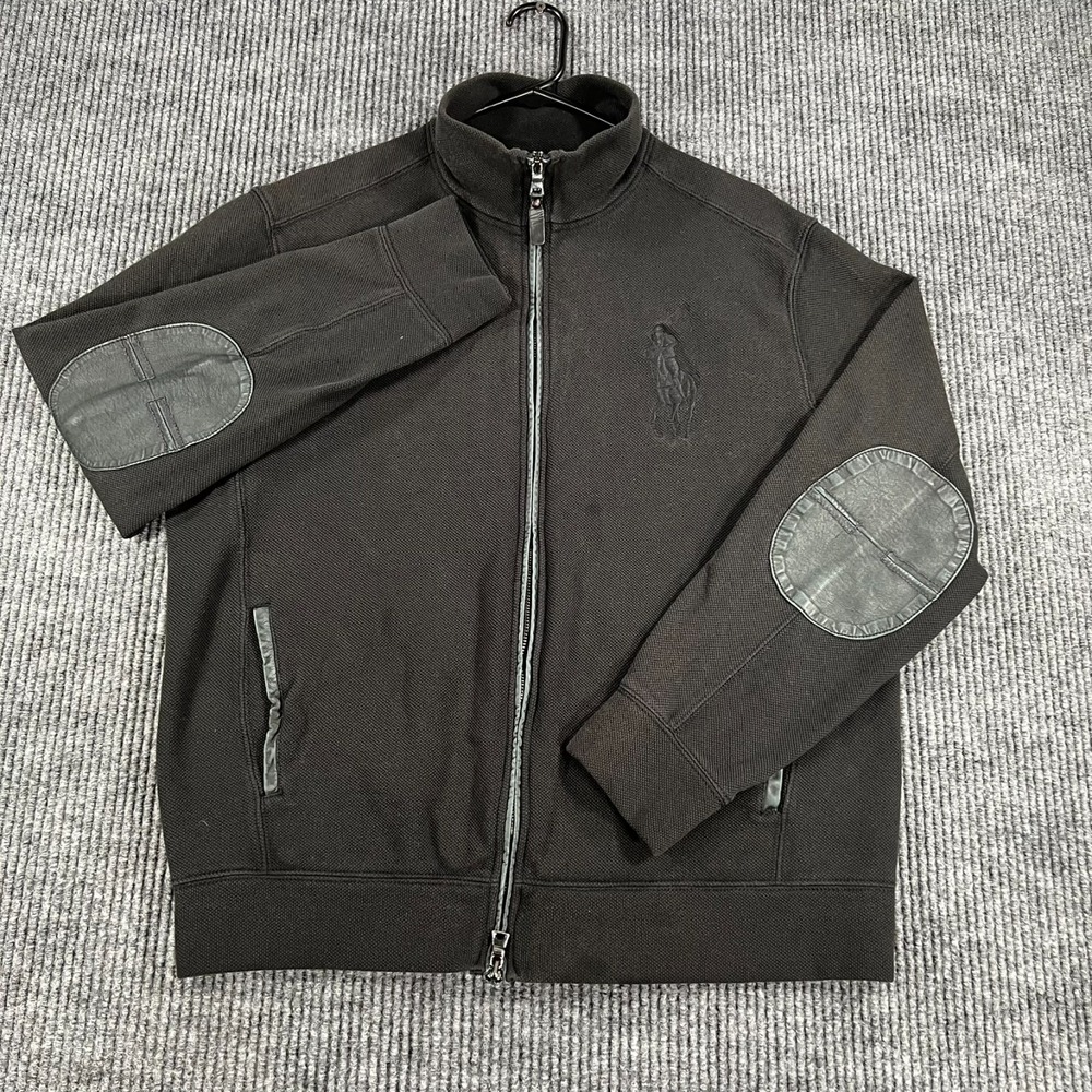 Polo Ralph Lauren Full Zip Sweatshirt Mens Large Black Mock Long Sleeve Patches